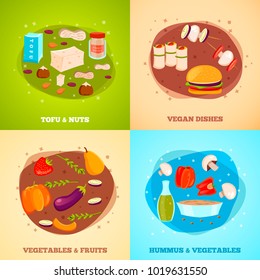 Vegetarian food flat design concept with tofu and nuts, vegan dishes, vegetables and fruits isolated vector illustration