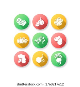 Vegetarian food flat design long shadow glyph icons set. Raw ingredient for vegan salad. Dieting for fitness. Fresh organic food from farmer market. Silhouette RGB color illustration