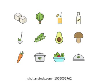 Vegetarian food flat line colored icon with tofu, spinach, juice, soy milk, pea, avocado, mushroom, carrot, salad.