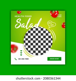 vegetarian food, fresh salad banner on green background and order button.