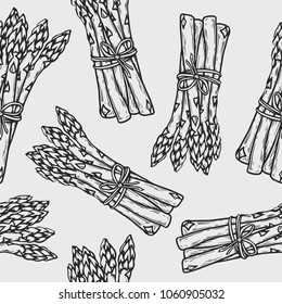 Vegetarian food. Hand drawn asparagus seamless pattern. Vector vintage vegetables illustration.  For wrapping paper, street festival, farmers market, country fair, shop, menu, cafe, restaurant