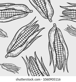 Vegetarian food. Hand drawn cornseamless pattern. Vector vintage vegetables illustration.  For wrapping paper, street festival, farmers market, country fair, shop, menu, cafe, restaurant