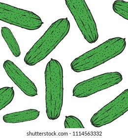 Vegetarian food. Hand drawn cucumber seamless pattern. Vector vintage vegetables illustration.  For wrapping paper, street festival, farmers market, country fair, shop, menu, cafe, restaurant