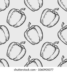 Vegetarian food. Hand drawn sweet pepper seamless pattern. Vector vintage vegetables illustration.  For wrapping paper, street festival, farmers market, country fair, shop, menu, cafe, restaurant