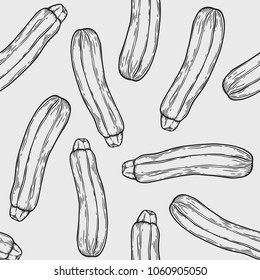 Vegetarian food. Hand drawn zucchini seamless pattern. Vector vintage vegetables illustration.  For wrapping paper, street festival, farmers market, country fair, shop, menu, cafe, restaurant