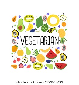 Vegetarian food, healthy eating.Fresh colourful fruit.Vector illustration.
