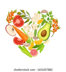 Vegetarian Food Heart Shape with Ripe Sliced Vegetables and Berries Vector Illustration