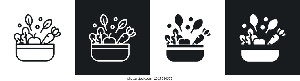 Vegetarian food icon collection in black and white filled and stroke line style.