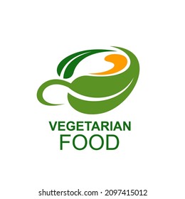 Vegetarian Food Icon, Green Organic Cuisine And Vegan Store Vector Symbol. Vegetarian Cuisine Restaurant Menu Icon Of Green Leaf, Organic Natural Food Store Or Farm Market Sign