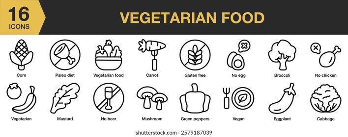 Vegetarian Food icon set. Includes vegetarian, cuisine, healthy, food, meal, and More. Outline icons vector collection.