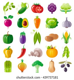 Vegetarian Food Icon Set With Organic Fruits, Vegetables, Berries. Macro Style Icons Collection. Tomato Icon, Pumpkin Vegatable, Eggplant, Brocolli Icon, Olive Branch, Carrot Vegetable, Onion