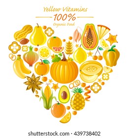 Vegetarian food icon set with organic fruits and vegetables on white background.  Yellow and orange icons collection. Pumpkin, banana fruit, pineapple icon, melon, lemon fruit, corn vegetable