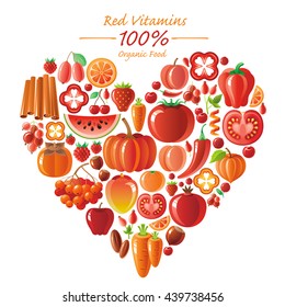 Vegetarian food icon set with organic fruits and vegetables on white background. Red and orange icons collection. Tomato cion, pumpkin, chili pepper icon, apple fruit, watermelon, mango fruit, berries