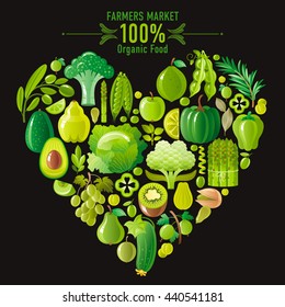 Vegetarian food icon set with organic fruits and vegetables on white background. Green and lime icons collection. Pumpkin, broccoli icon, grapes fruit, kiwi icon, avocado vegetable, asparagus icon