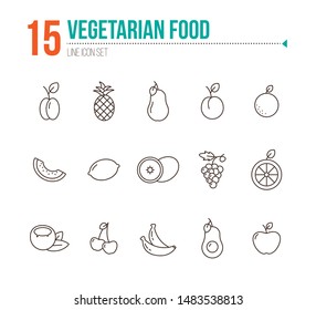 Vegetarian food icons. Set of line icons on white background. Grape, lemon, plum. Fruit concept. Vector illustration can be used for topics like healthy eating, food, dieting