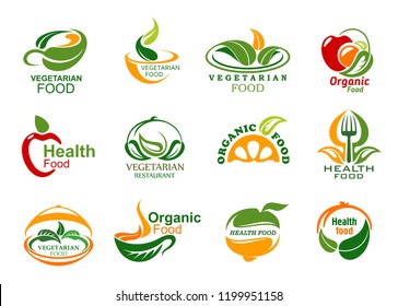 Vegetarian food icons, vegan cafe or eco food delivery company. Vector green veggie leaf or fruit and dish plate, cup symbols with fork and spoon. Organic healthy and fitness nutrition