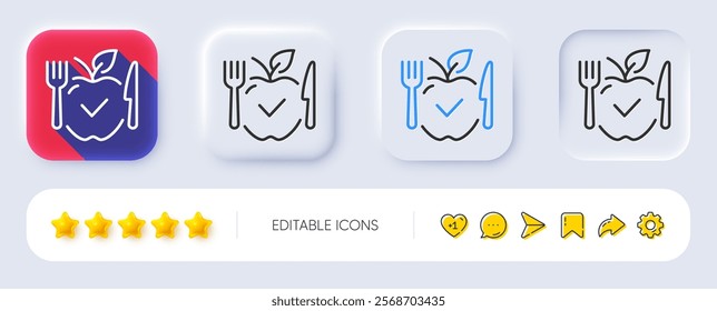 Vegetarian food line icon. Neumorphic, Flat shadow, 3d buttons. Vegan meal sign. Apple fruit symbol. Line vegetarian food icon. Social media icons. Vector