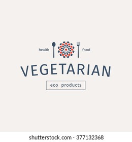 Vegetarian food logo template. Vector emblem for restaurants and cafes, eco and healthy products