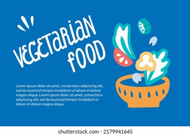 Vegetarian food. Magazine page, flyer, cover. Template. A bowl of Greek salad. Flying vegetables. Vector doodle style illustrations.