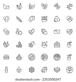 Vegetarian food menu line icons set. linear style symbols collection, outline signs pack. Healthy vegetarian food vector graphics. Set includes icons as Fruits, Vegetables, Legumes, Tofu, Avocado