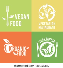 Vegetarian food and organic products set of vector logos templates, restaurant menu design elements