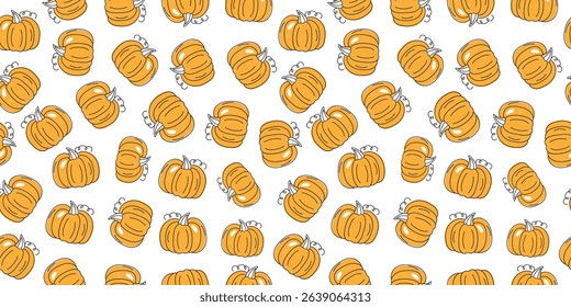 Vegetarian food pattern, pumpkin. Vegetables, harvest holiday. Drawings, doodle. Local farmer's market and dietary concept. Seamless background.