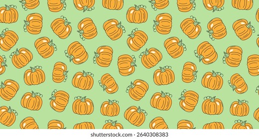 Vegetarian food pattern, pumpkin. Vegetables, harvest holiday. Drawings, doodle. Local farmer's market and dietary concept. Seamless background.