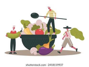 Vegetarian food. People cook healthy organic diet meals. Vector of vegetable cooking healthy, illustration of person with meal at kitchen, salad and lunch