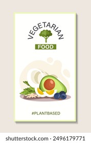 Vegetarian food poster. Bowl with salad with eggs and avocado slice. Proper diet and nutrition. Healthy eating with vitamins. Template and layout. Flat vector illustration isolated on beige background