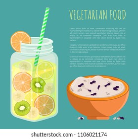 Vegetarian food poster with refreshing summertime detox diet juice with pieces of grapefruit, kiwi and lemon and bowl of rice porridge with raisins