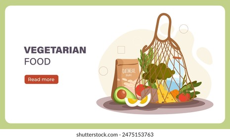 Vegetarian food poster. String bag with natural and organic products. Eggs, avocado, tomato and cheese. Landing webpage design. Cartoon flat vector illustration isolated on green background