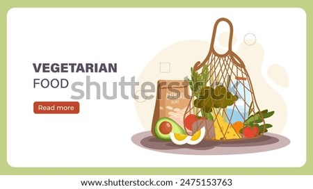 Vegetarian food poster. String bag with natural and organic products. Eggs, avocado, tomato and cheese. Landing webpage design. Cartoon flat vector illustration isolated on green background