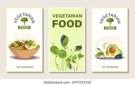 Vegetarian food posters set. Healthy eating with vitamins. Proper diet and nutrition. Salad with vegetables, avocado and eggs. Cartoon flat vector collection isolated on grey background