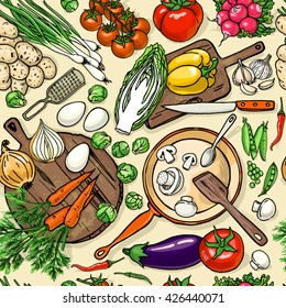 Vegetarian food recipes seamless pattern with vegetables and kitchenware. Colorful top view cooking items background. 