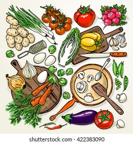 Vegetarian food recipes template with vegetables and kitchenware. Colorful top view cooking items. 