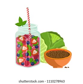 Vegetarian food refreshing summertime detox diet juice with strawberries and raspberries, bowl of buckwheat porridge, fresh cabbage vector isolated