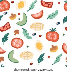 Vegetarian food seamless pattern. Endless background with vegetables, mushrooms, eggs, tomatoes, avocado, cheese, and greens. Repeating print with fresh ingredients, veggies. Vector Illustration