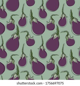 Vegetarian food seamless pattern. Hand drawn eggplant. Vector vintage vegetables illustration. For wrapping paper, farmers market, shop, menu, cafe, restaurant.