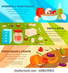 Vegetarian food set of flat horizontal banners with fruits and vegetables, tofu and nuts isolated vector illustration