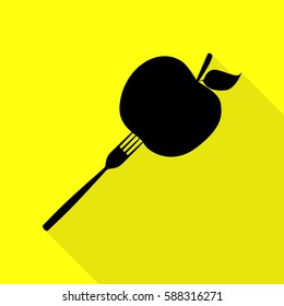 Vegetarian food sign illustration. Black icon with flat style shadow path on yellow background.
