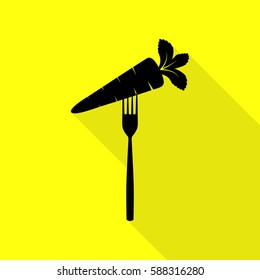 Vegetarian food sign illustration. Black icon with flat style shadow path on yellow background.