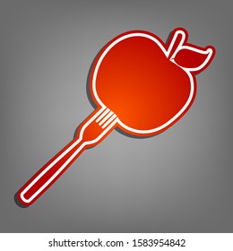 Vegetarian food sign illustration. Flat red icon with linear white icon with gray shadow at grayish background. Illustration.