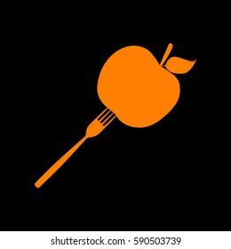 Vegetarian food sign illustration. Orange icon on black background.
