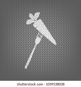 Vegetarian food sign illustration. Vector. White knitted icon on gray knitted background. Isolated.