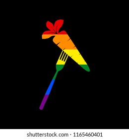 Vegetarian food sign illustration. Vector. Icon with colors of LGBT flag at black background.
