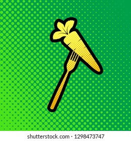 Vegetarian food sign illustration. Vector. Pop art orange to yellow dots-gradient icon with black contour at greenish background.