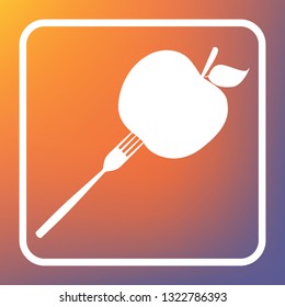 Vegetarian food sign illustration. Vector. White icon on transparent button at orange-violet gradient background.