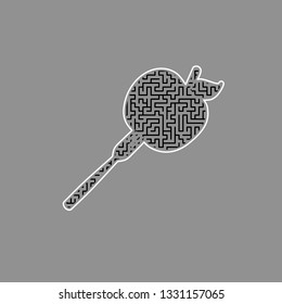 Vegetarian food sign illustration. Vector. Black maze filled icon with white border at gray background.