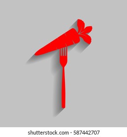 Vegetarian food sign illustration. Vector. Red icon with soft shadow on gray background.