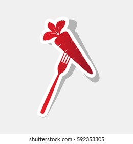 Vegetarian food sign illustration. Vector. New year reddish icon with outside stroke and gray shadow on light gray background.